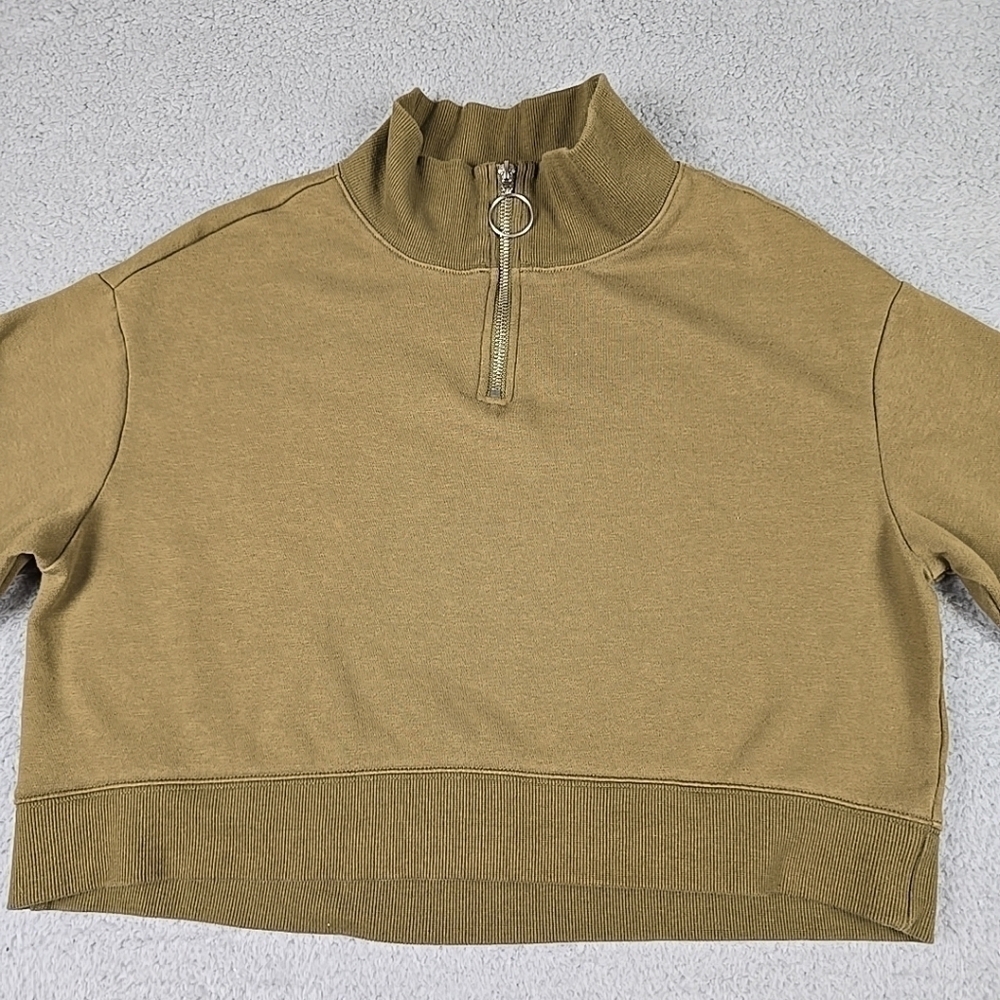 Divided Top Womens Green 1/4 Zip Long Sleeve Cropped Sweatshirt Soft Fleece Sz S - Picture 2 of 9